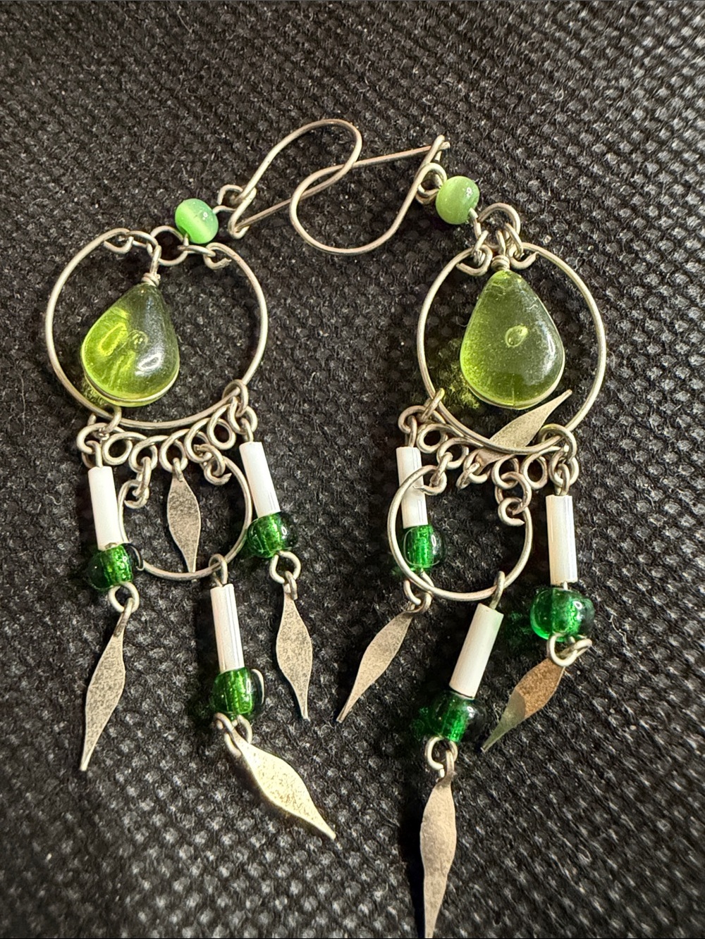 Green Teardrop Dangle Earrings - Silver Accents